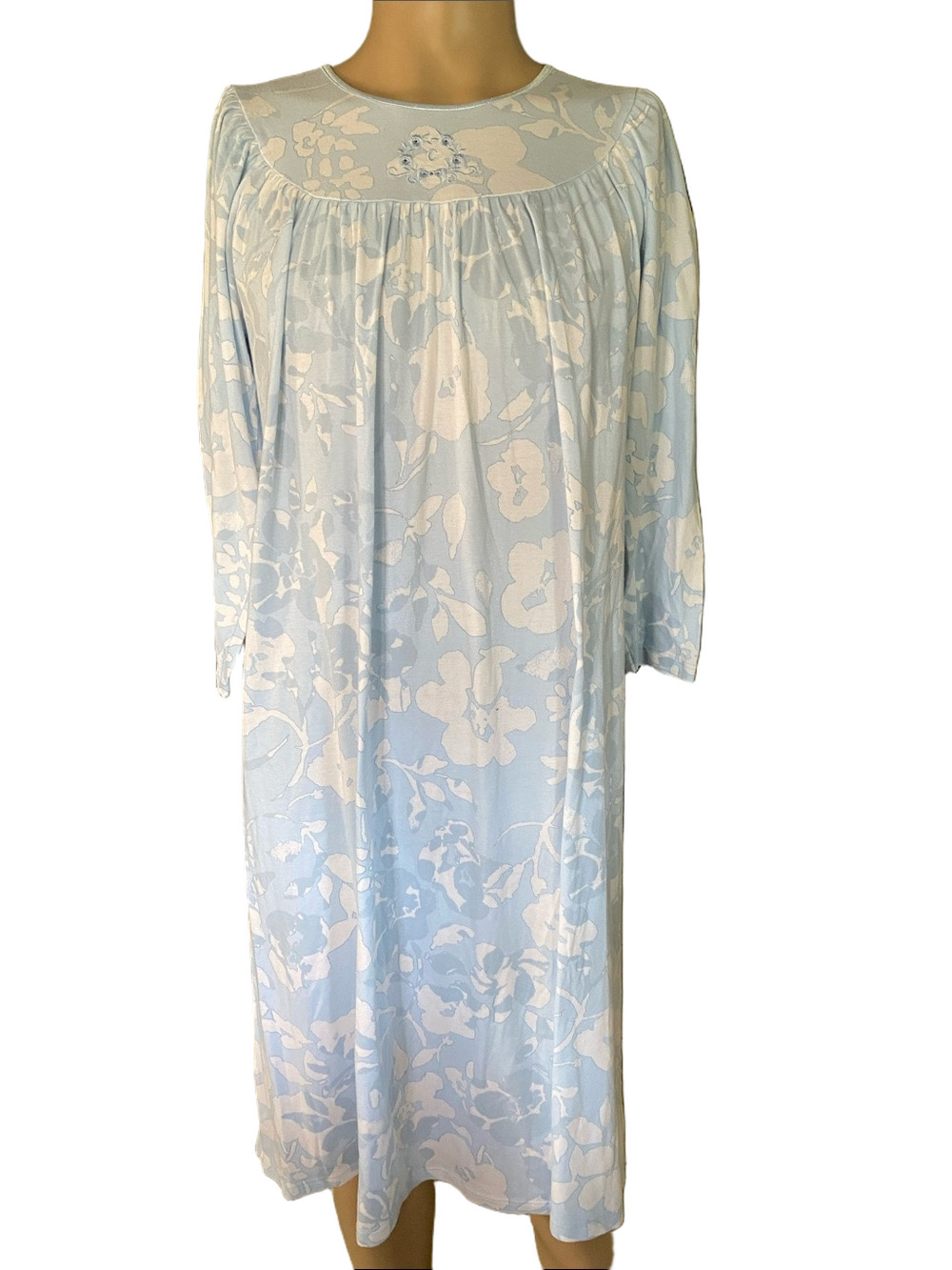 Calida Light Blue Cotton Floral Long Nightgown - Women's Cozy Sleepwear